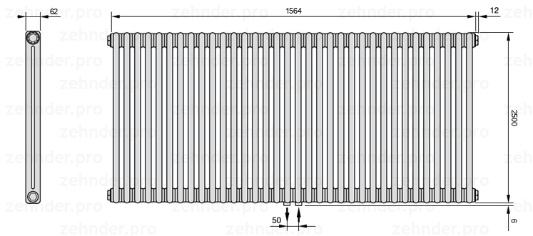 Схема (чертеж) Радиатор Zehnder Charleston 2250/34 №5410 Белый глянцевый RAL 9016